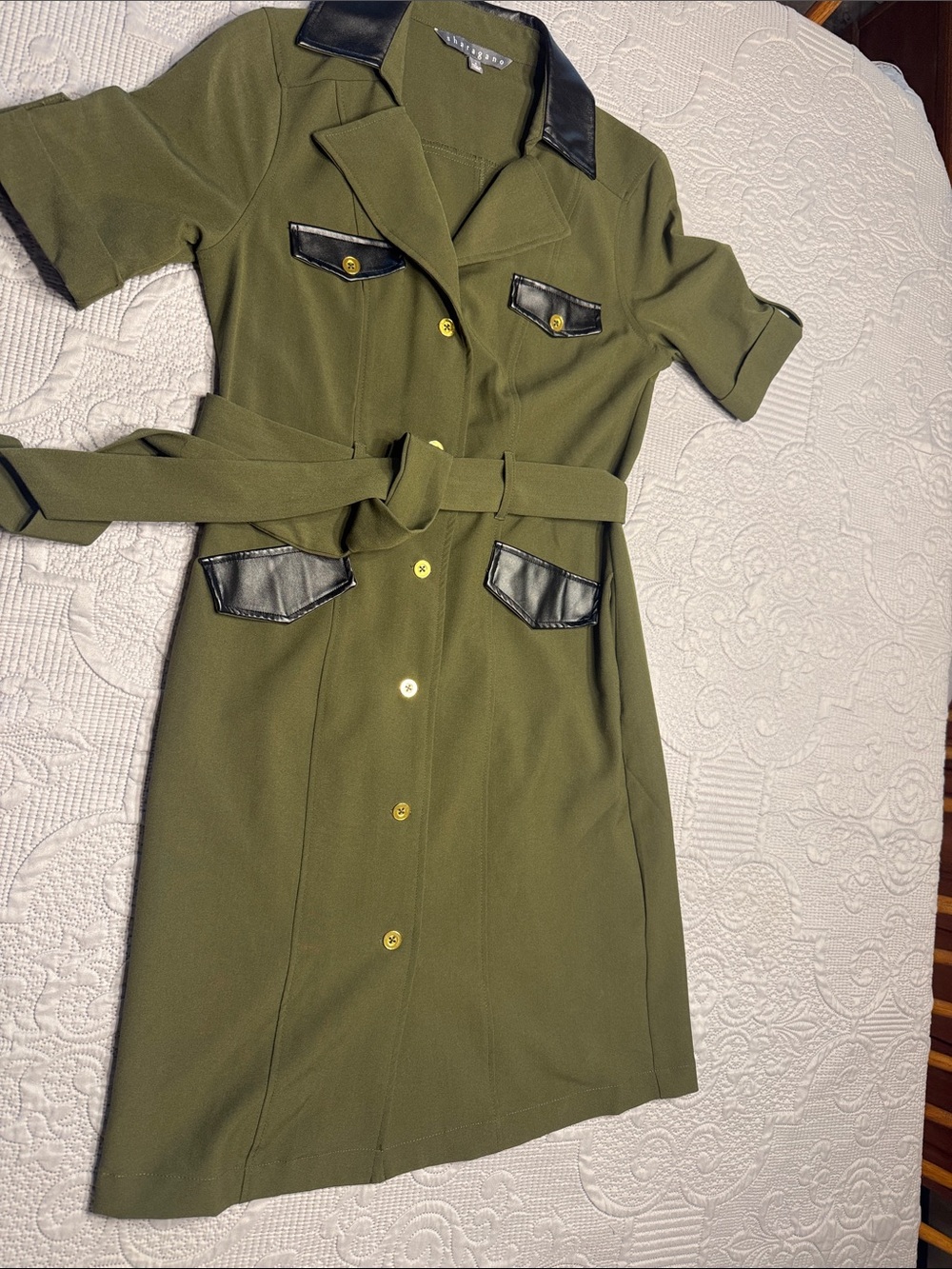 Sharagano Olive Green Short Sleeve Trench Dress with Black Faux Leather Trim